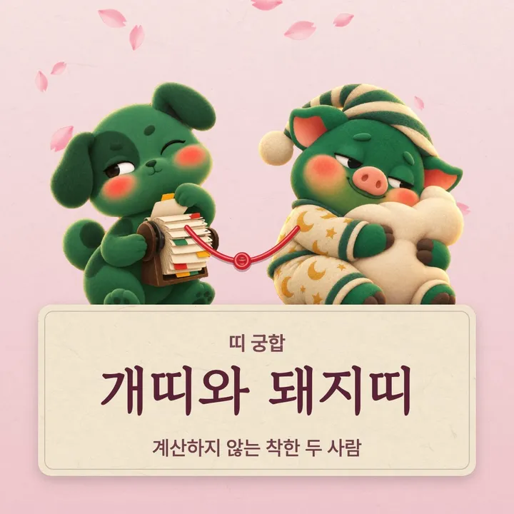 개띠와 돼지띠 캐릭터가 나란히 선 그림
