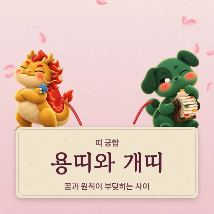 용띠와 개띠 캐릭터가 나란히 선 그림