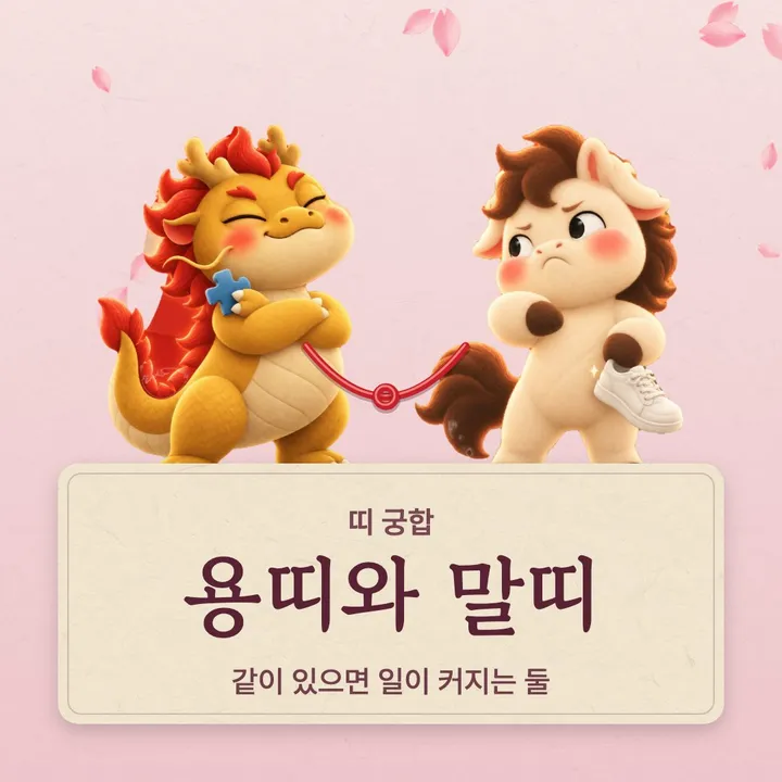 용띠와 말띠 캐릭터가 나란히 선 그림