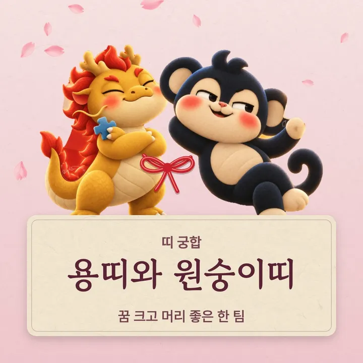 용띠와 원숭이띠 캐릭터가 나란히 선 그림