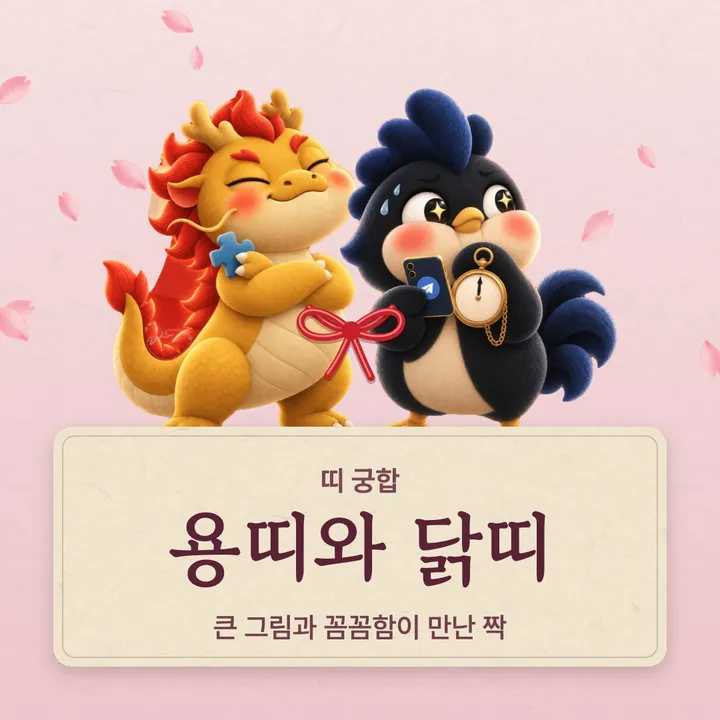 용띠와 닭띠 캐릭터가 나란히 선 그림