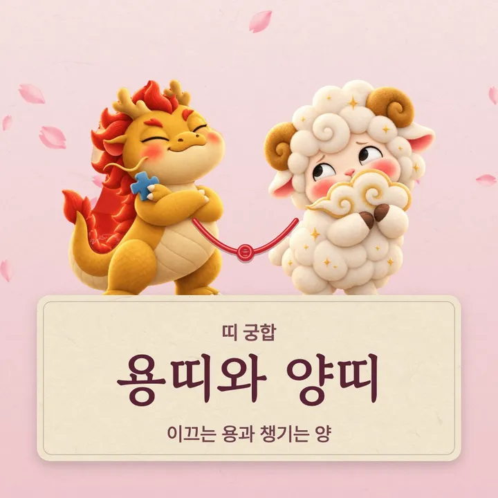 용띠와 양띠 캐릭터가 나란히 선 그림