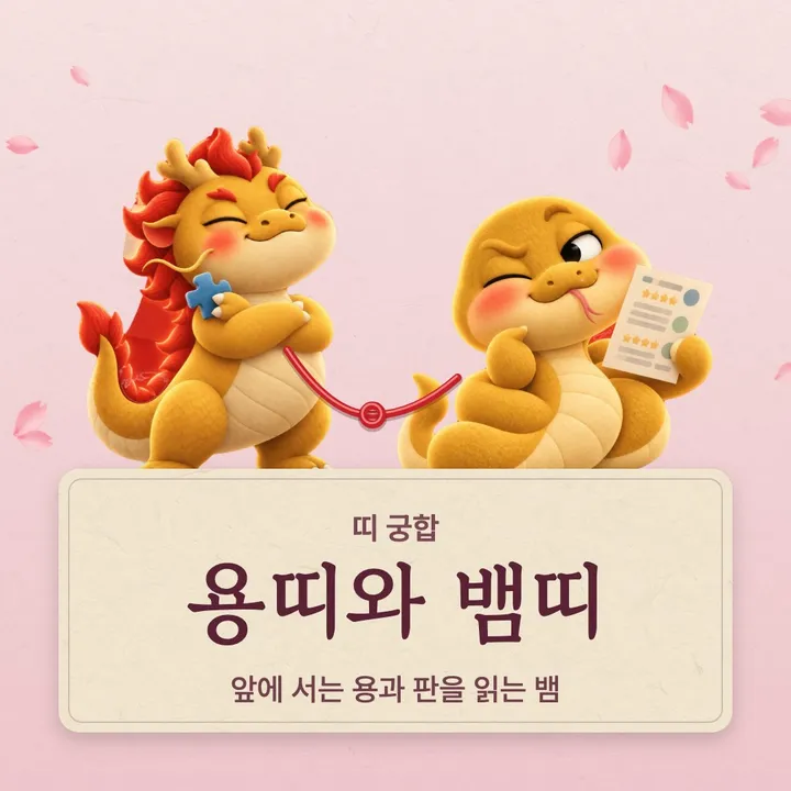 용띠와 뱀띠 캐릭터가 나란히 선 그림