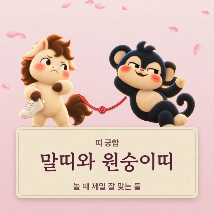 말띠와 원숭이띠 캐릭터가 나란히 선 그림