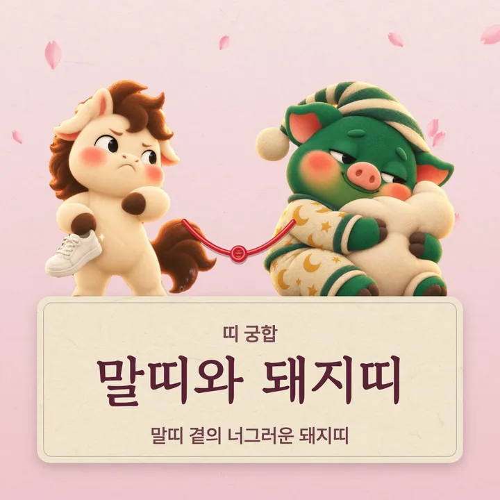 말띠와 돼지띠 캐릭터가 나란히 선 그림
