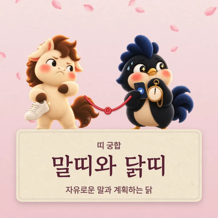 말띠와 닭띠 캐릭터가 나란히 선 그림