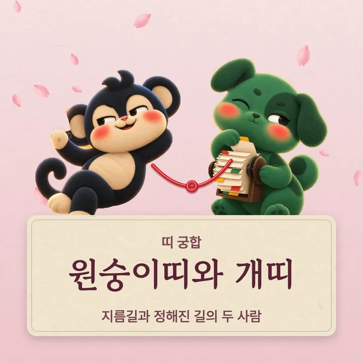 원숭이띠와 개띠 캐릭터가 나란히 선 그림