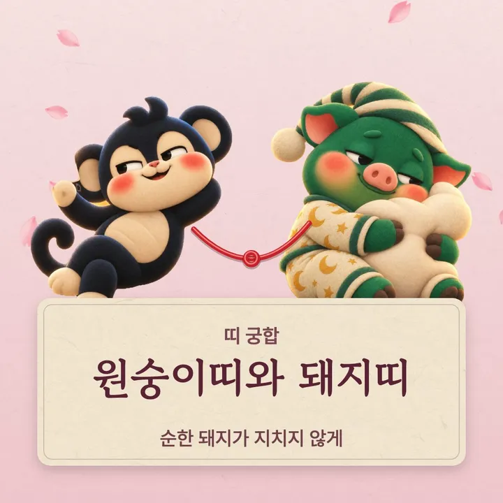 원숭이띠와 돼지띠 캐릭터가 나란히 선 그림
