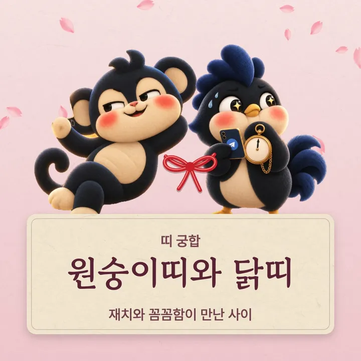 원숭이띠와 닭띠 캐릭터가 나란히 선 그림