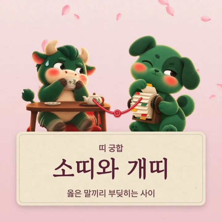 소띠와 개띠 캐릭터가 나란히 선 그림