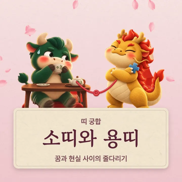 소띠와 용띠 캐릭터가 나란히 선 그림