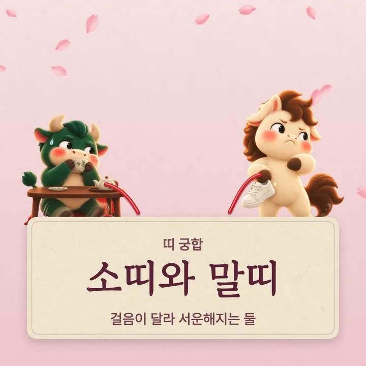 소띠와 말띠 캐릭터가 나란히 선 그림