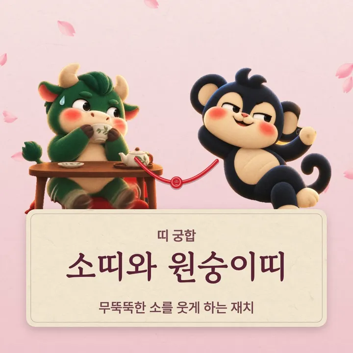 소띠와 원숭이띠 캐릭터가 나란히 선 그림