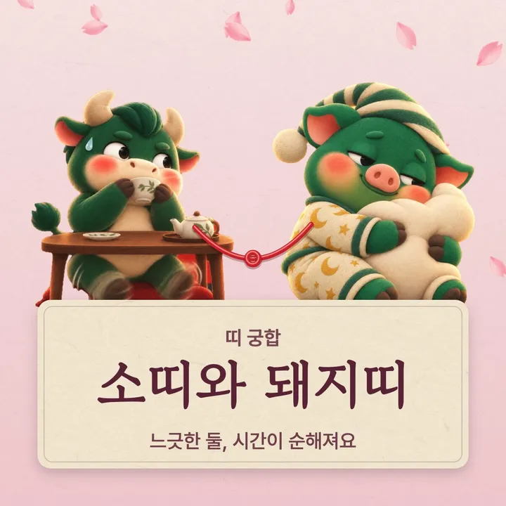 소띠와 돼지띠 캐릭터가 나란히 선 그림