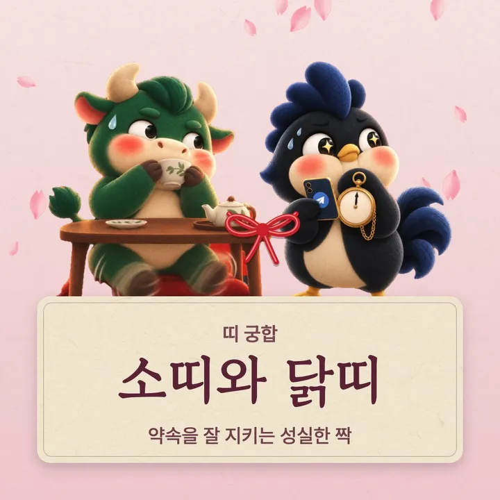 소띠와 닭띠 캐릭터가 나란히 선 그림