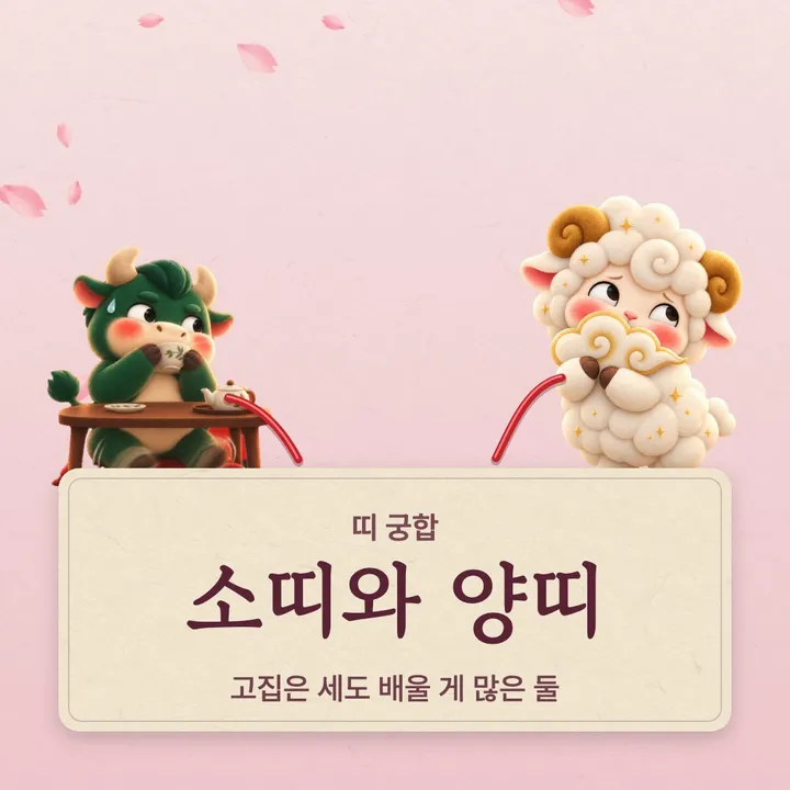 소띠와 양띠 캐릭터가 나란히 선 그림
