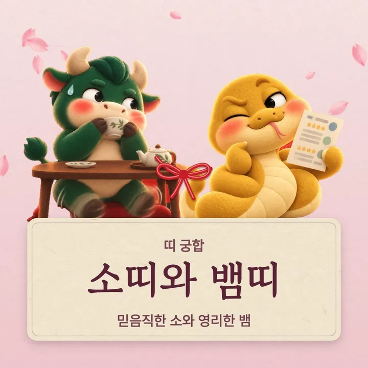 소띠와 뱀띠 캐릭터가 나란히 선 그림