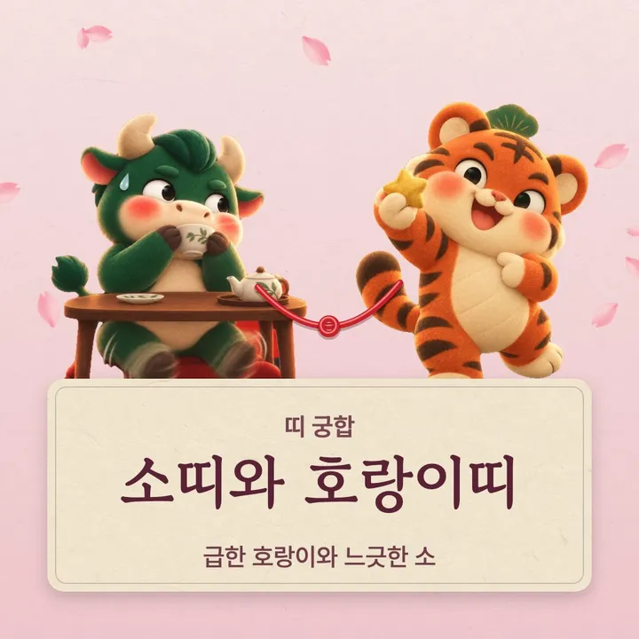 소띠와 호랑이띠 캐릭터가 나란히 선 그림
