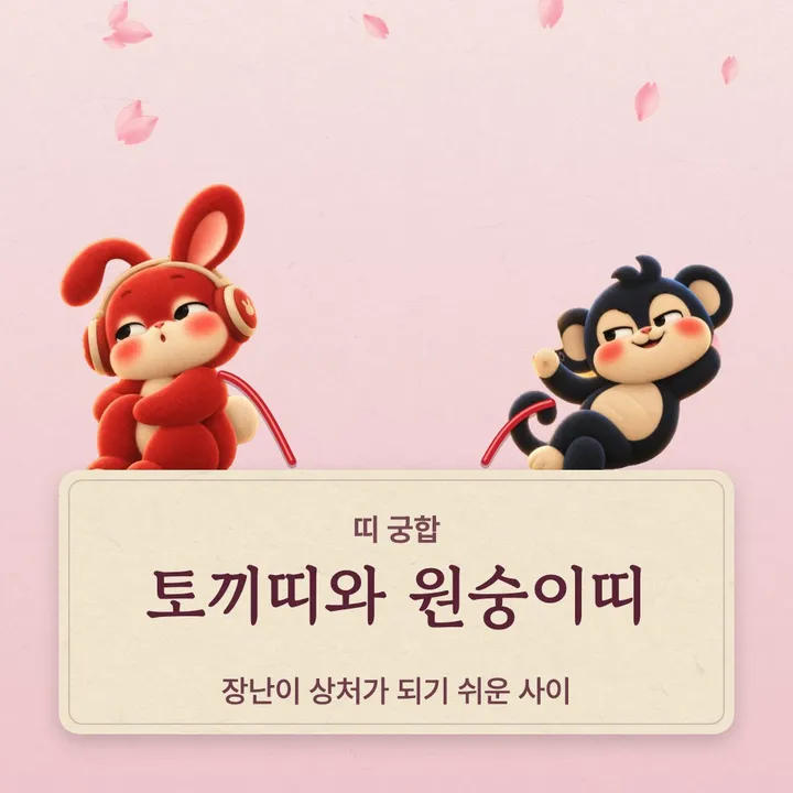 토끼띠와 원숭이띠 캐릭터가 나란히 선 그림