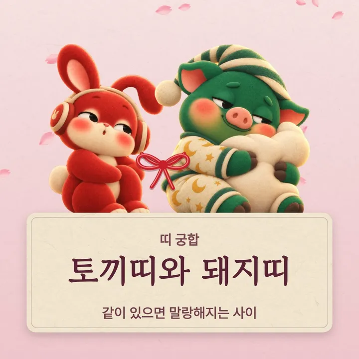 토끼띠와 돼지띠 캐릭터가 나란히 선 그림