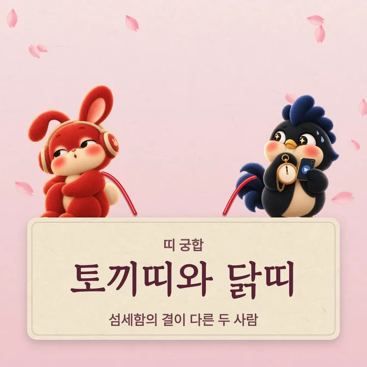 토끼띠와 닭띠 캐릭터가 나란히 선 그림