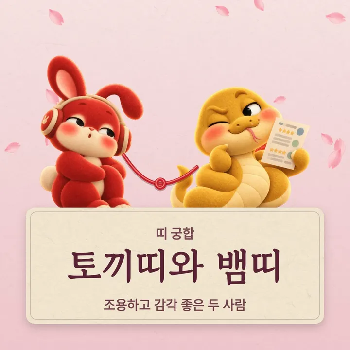 토끼띠와 뱀띠 캐릭터가 나란히 선 그림