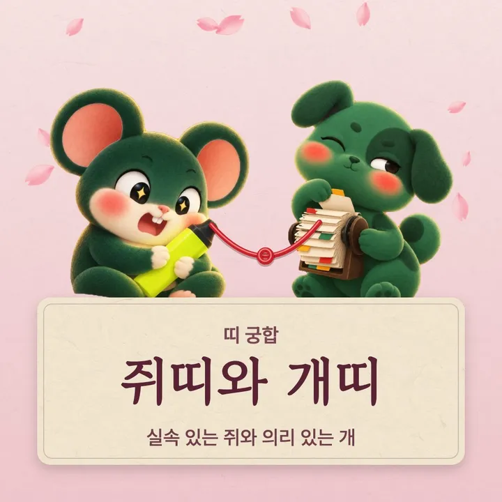 쥐띠와 개띠 캐릭터가 나란히 선 그림