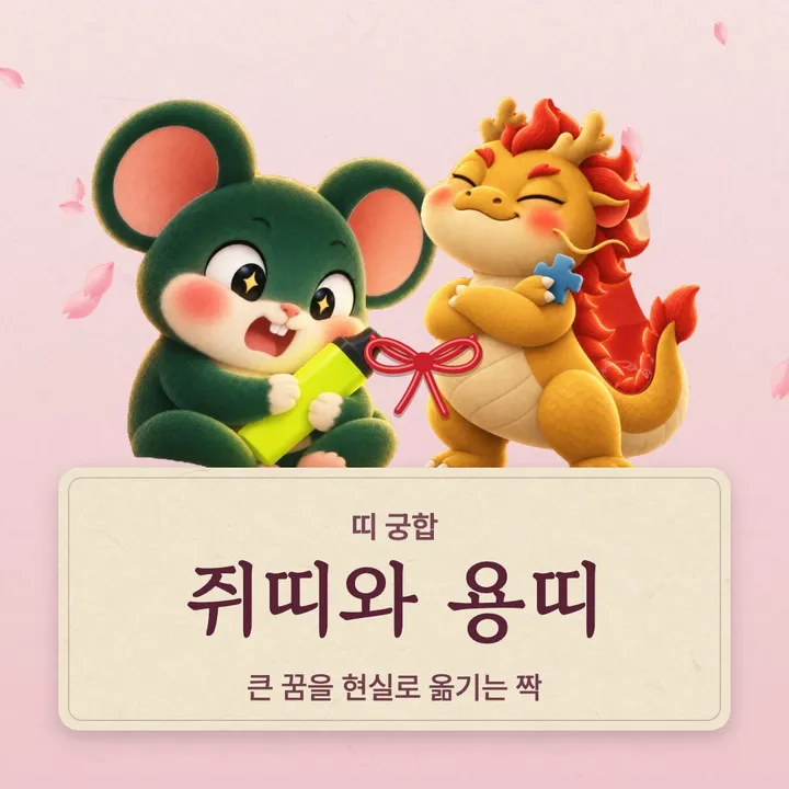 쥐띠와 용띠 캐릭터가 나란히 선 그림