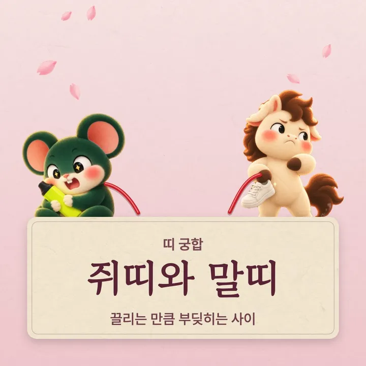 쥐띠와 말띠 캐릭터가 나란히 선 그림