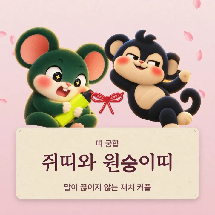 쥐띠와 원숭이띠 캐릭터가 나란히 선 그림