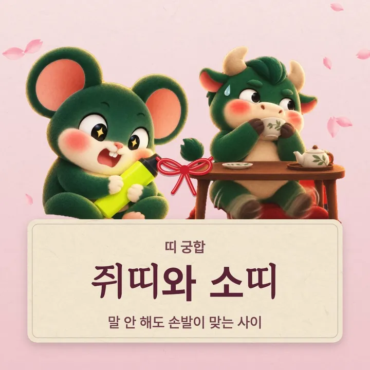 쥐띠와 소띠 캐릭터가 나란히 선 그림