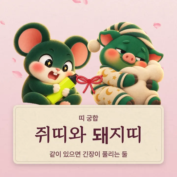 쥐띠와 돼지띠 캐릭터가 나란히 선 그림