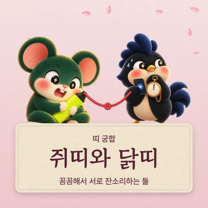 쥐띠와 닭띠 캐릭터가 나란히 선 그림
