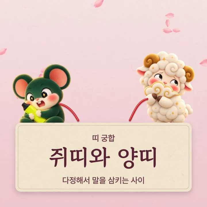 쥐띠와 양띠 캐릭터가 나란히 선 그림