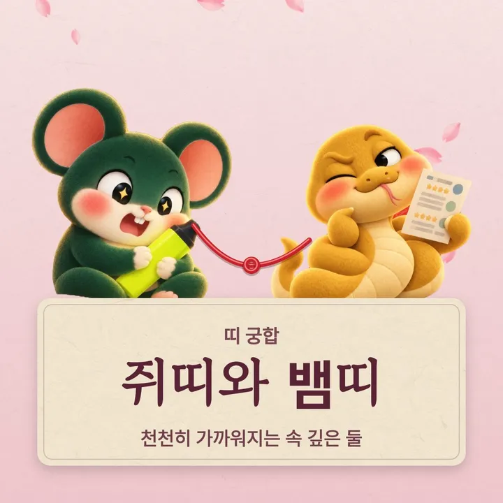 쥐띠와 뱀띠 캐릭터가 나란히 선 그림