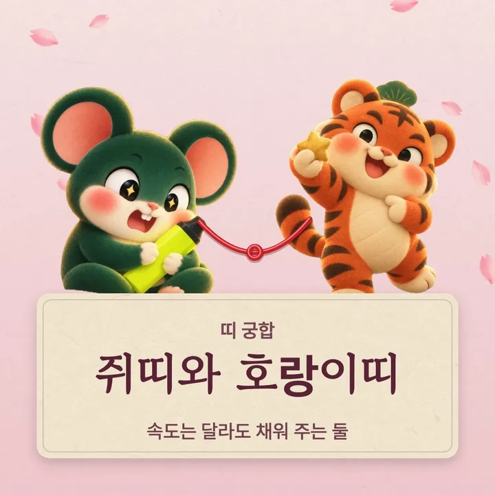 쥐띠와 호랑이띠 캐릭터가 나란히 선 그림