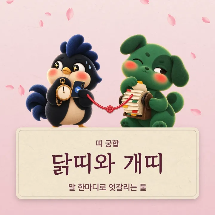 닭띠와 개띠 캐릭터가 나란히 선 그림