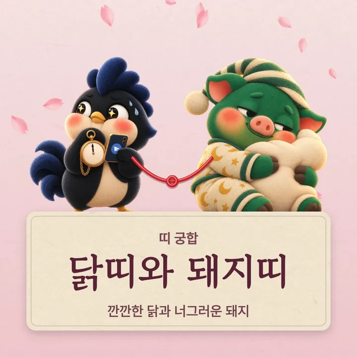 닭띠와 돼지띠 캐릭터가 나란히 선 그림