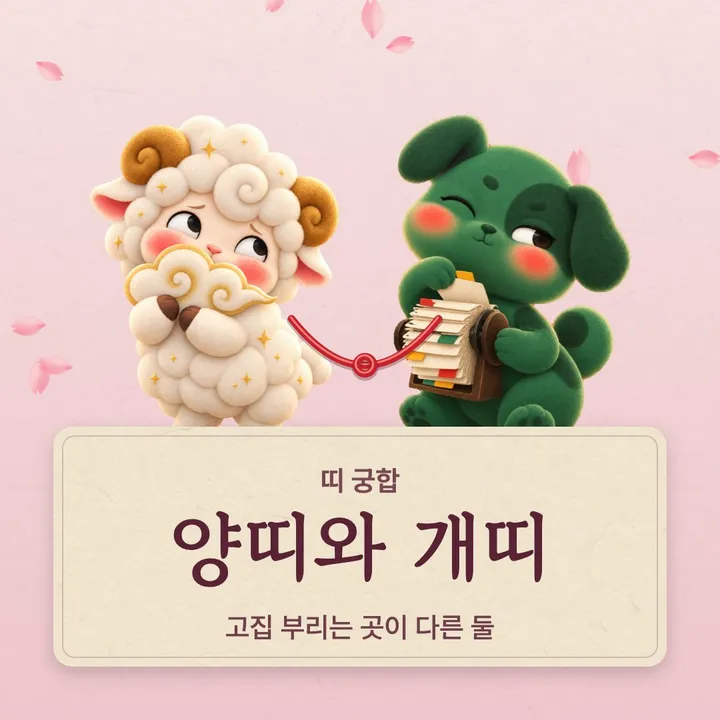 양띠와 개띠 캐릭터가 나란히 선 그림