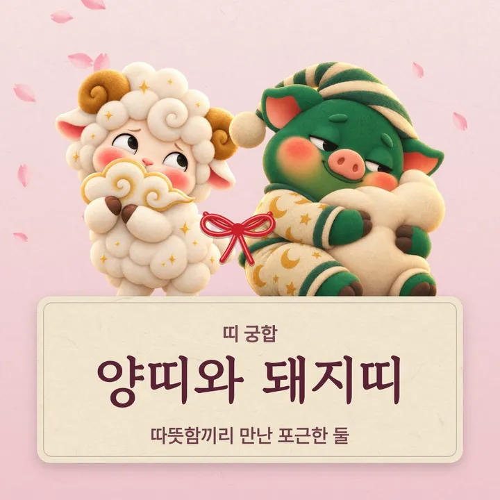 양띠와 돼지띠 캐릭터가 나란히 선 그림