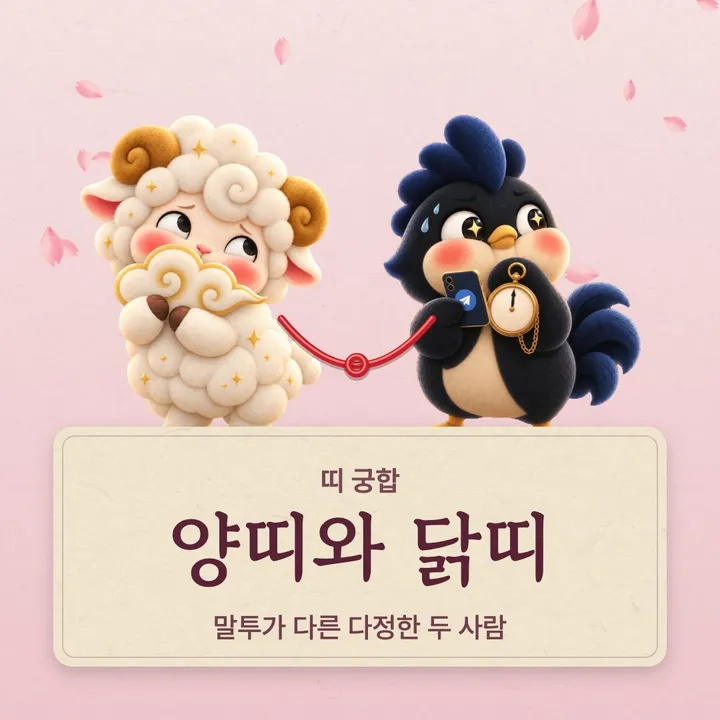 양띠와 닭띠 캐릭터가 나란히 선 그림