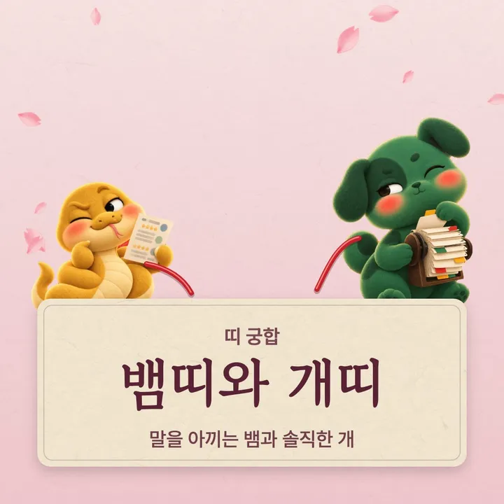 뱀띠와 개띠 캐릭터가 나란히 선 그림