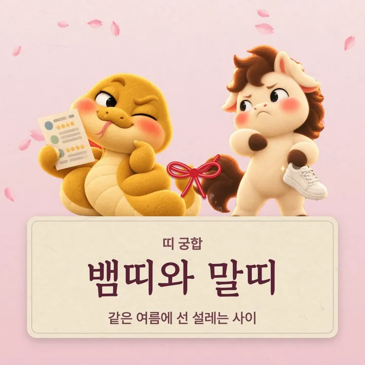 뱀띠와 말띠 캐릭터가 나란히 선 그림