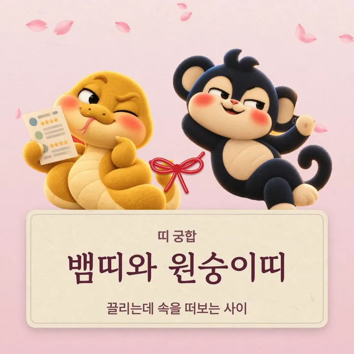 뱀띠와 원숭이띠 캐릭터가 나란히 선 그림