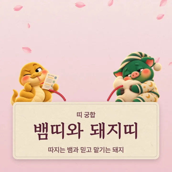 뱀띠와 돼지띠 캐릭터가 나란히 선 그림
