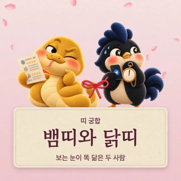 뱀띠와 닭띠 캐릭터가 나란히 선 그림