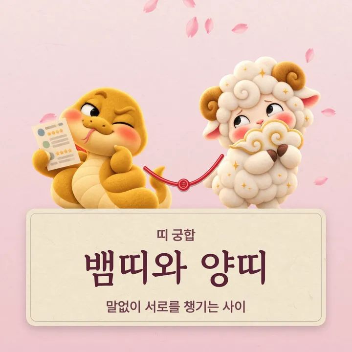 뱀띠와 양띠 캐릭터가 나란히 선 그림