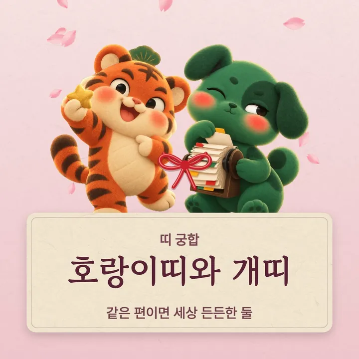 호랑이띠와 개띠 캐릭터가 나란히 선 그림
