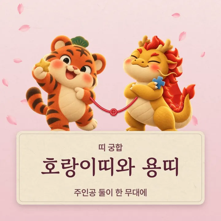 호랑이띠와 용띠 캐릭터가 나란히 선 그림
