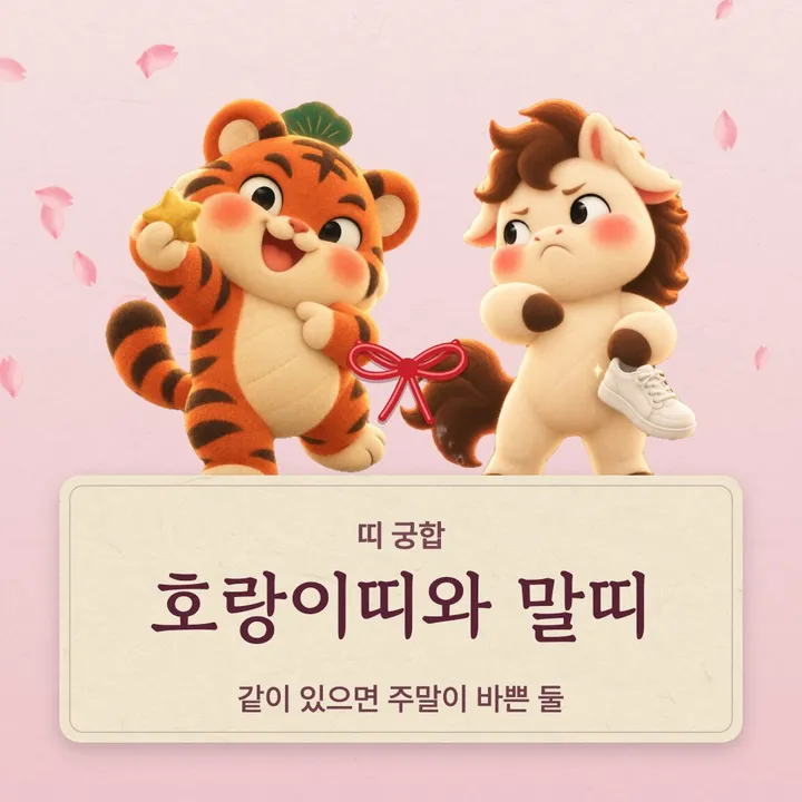 호랑이띠와 말띠 캐릭터가 나란히 선 그림